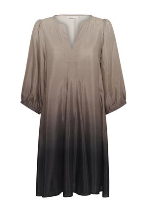 Pikisuvega kleit, mille värv onGradient hele taupe kuni tume hall, V-kujuline kaelus, pehme kangas ja laiad, puhvõtted.