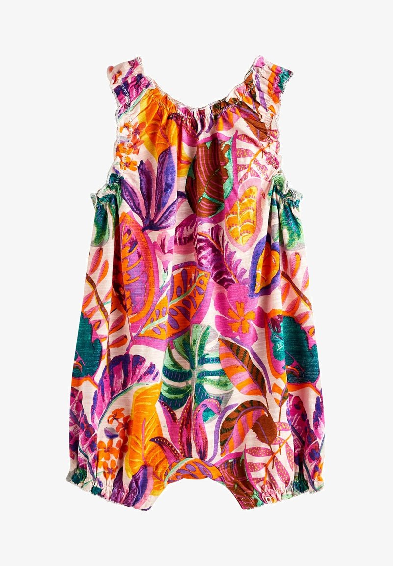 Romper kembang, menampilkan warna cerah seperti pink, hijau, dan oranye, dengan tali merona dan bukaan kaki yang elastis.