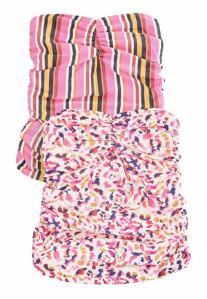 To sylesløse toppe, den ene med pink og brune lodrette striber, den anden med et multifarvet prikket mønster på en hvid baggrund med rynker.