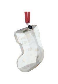 Przezroczysta plastikowa ozdoba w kształcie skarpety, o błyszczącym wykończeniu, z otworami i czerwonym wstążką do zawieszania. Ukształtowana jak klasyczna świąteczna skarpeta.