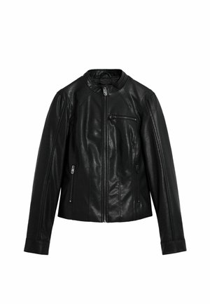 Zwarte leren jas met opstaande kraag, ritssluiting aan de voorkant, één borstzak en twee zijritszakken. Soepele textuur, nauwsluitende pasvorm.