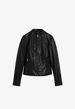 Čierna kožená bunda s stojatým golierom, predným zipsom, jedným náprsníkovým vreckom a dvoma bočnými vreckami na zips. Hladká textúra, priliehavý strih.
