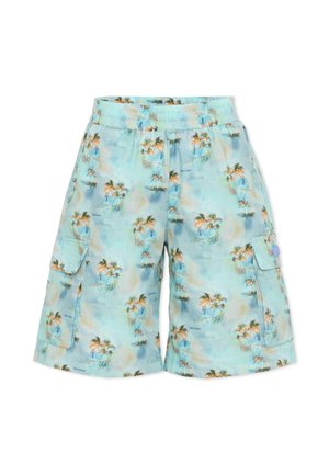 Shorts cargo bleu clair avec une ceinture élastique et un imprimé tropical de palmiers en tons orange, vert et bleu, avec des poches latérales.
