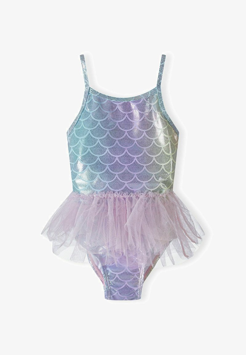 Maillot de bain avec un motif de petites écailles de sirène scintillantes en bleu et violet irisés. Dispose de bretelles ajustables et d'une jupe en tulle lilas avec volants.