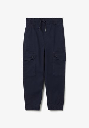 Marineblaue Cargo-Hosen mit elastischem Bund, Kordelzug und zwei Seitentaschen mit Knopfklappen. Glatte Textur, taillierte Beinform.