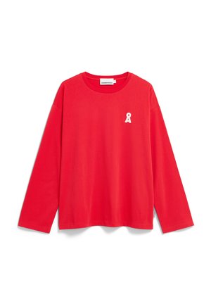 Rotes Langarmshirt aus Baumwolle mit einem weißen Bandlogo auf der linken Brust; schlichtes Rundhalsdesign, lockere Passform.