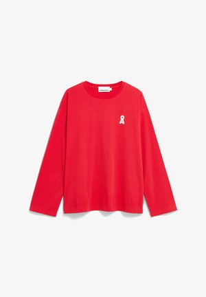 Rotes Langarmshirt aus Baumwolle mit einem weißen Bandlogo auf der linken Brust; schlichtes Rundhalsdesign, lockere Passform.