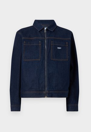 Dark denim jacket with a front zipper, two chest pockets, and embroidered "OBEY" logo. Features contrast stitching and a classic collar design.
