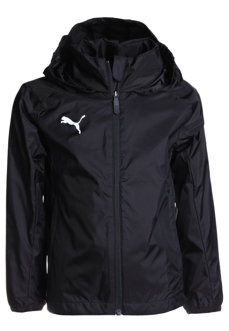 Black windbreaker jacket made of lightweight material. Features a full front zipper, hood, and white Puma logo on the left chest.