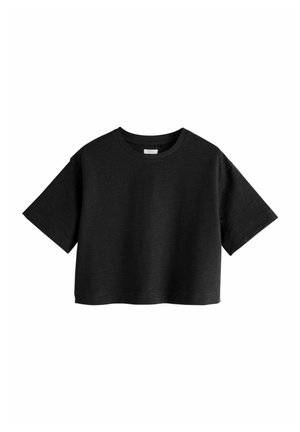 Schwarzes kurzes T-Shirt mit kurzen Ärmeln, texturiert, mit rundem Ausschnitt, lockerem Schnitt und dezenten horizontalen Rippendetails.