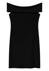 Robe noire à épaules dénudées avec un corsage cintré et une coupe droite. Tissu lisse sans motifs ni ornements. Design minimaliste.