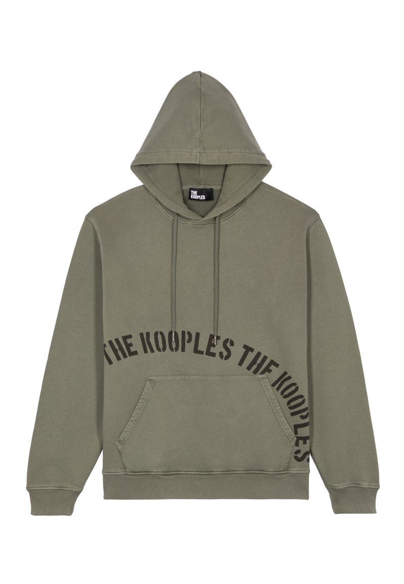 Sudadera verde oliva hecha de algodón, con un bolsillo frontal, capucha con cordones y un diseño de texto curvado en negro que dice "THE KOOPLES."