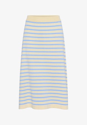 Raidallinen midi-hame pehmeää puuvillaa, jossa on vaaleankeltainen pohja ja siniset vaakaraitat. Varustettu ribbikuvioidulla joustovyöllä.