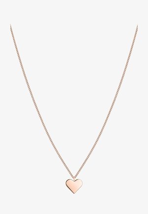 Collier délicat en chaîne or rose avec un pendentif en forme de cœur lisse et poli, centré sur un fond blanc.