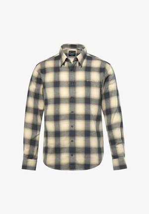 Langärmliges Karoshirt in Creme und Marineblau mit einem Button-Down-Kragen, Vorderknöpfen und einer glatten Stofftextur.
