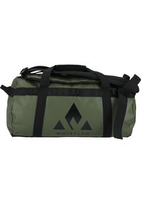 Vihreä oliivinvärinen urheilukassi, joka on valmistettu kestävästä materiaalista. Kassissa on mustat kiinnitykset, säädettävät hihnat ja näkyvä musta logo sivulla.