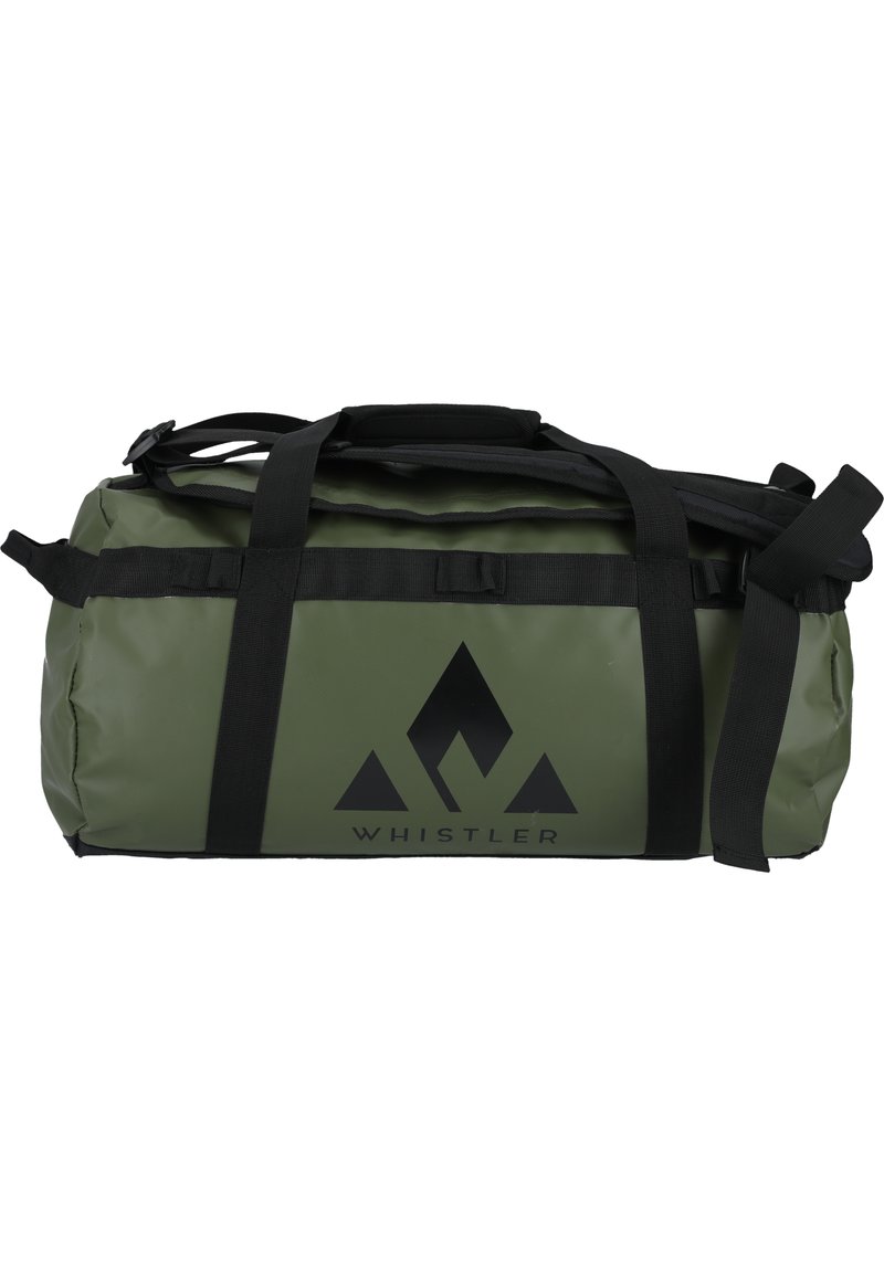 Vihreä oliivinvärinen urheilukassi, joka on valmistettu kestävästä materiaalista. Kassissa on mustat kiinnitykset, säädettävät hihnat ja näkyvä musta logo sivulla.