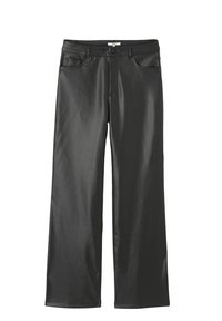 Pantalons à jambe large en simili cuir noir avec une texture lisse, poches avant, fermeture à bouton et design classique cinq poches.