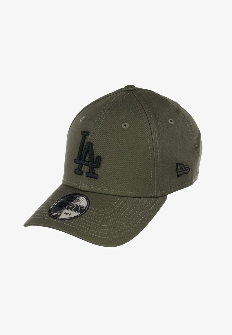 Olive green cap made of cotton blend, featuring a black embroidered 'LA' logo on the front, curved visor, and adjustable strap at the back.