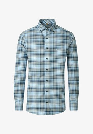 Herre langærmet skjorte med knapper, i blåt, hvidt og gråt ternet mønster og knappet krave.