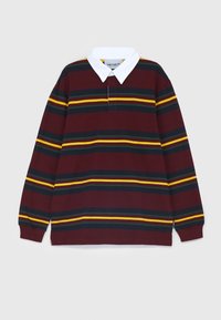 Bordeauxfarbenes Langarm-Polohemd mit weißem Kragen, horizontalen Streifen in Grün, Gelb und Schwarz, mit Knopfleiste und Seitenschlitzen.