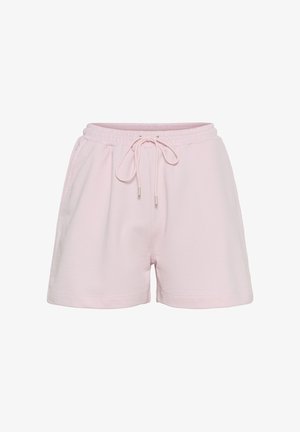 Pink sweat shorts made of soft cotton, featuring an elastic waistband, adjustable drawstring, and side pockets. Simple, relaxed fit design.