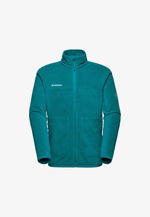 Giacca in pile verde acqua con alto colletto, zip a tutta lunghezza, due tasche frontali e logo sul petto. Texture morbida, progettata per comfort e calore.