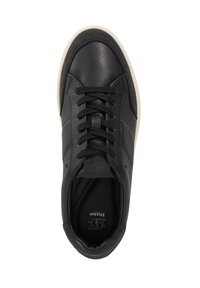 Black leather sneaker with a textured finish, round toe, lace-up design, and a cream rubber sole. Logo embossed on tongue.