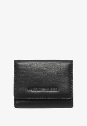 Black leather wallet with a textured surface, featuring embossed logo on the front, fold-over design, and contrasting stitching.