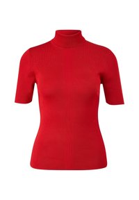 Haut à col roulé rouge côtelé avec manches courtes, coupe ajustée, texture lisse et col haut. Tricot basique sans motifs ni accents supplémentaires.