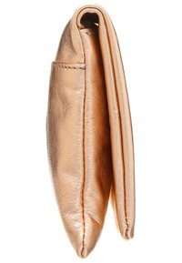 Rose gold faux leather clutch with a smooth texture, slim rectangular shape, and rounded edges. Includes visible seams and subtle folding detail.