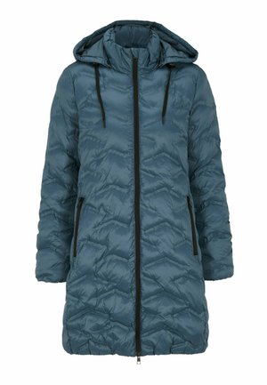 Teddyjacke in Türkis mit einem gesteppten Muster, Kapuze, Reißverschluss und Fronttaschen mit kontrastierenden schwarzen Akzenten. Leicht und isoliert.
