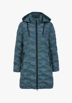 Puffetjakke i teal med quiltet struktur, hætte, lynlås og frontlommer med kontrastfarvede sorte detaljer. Letvægts og isoleret.