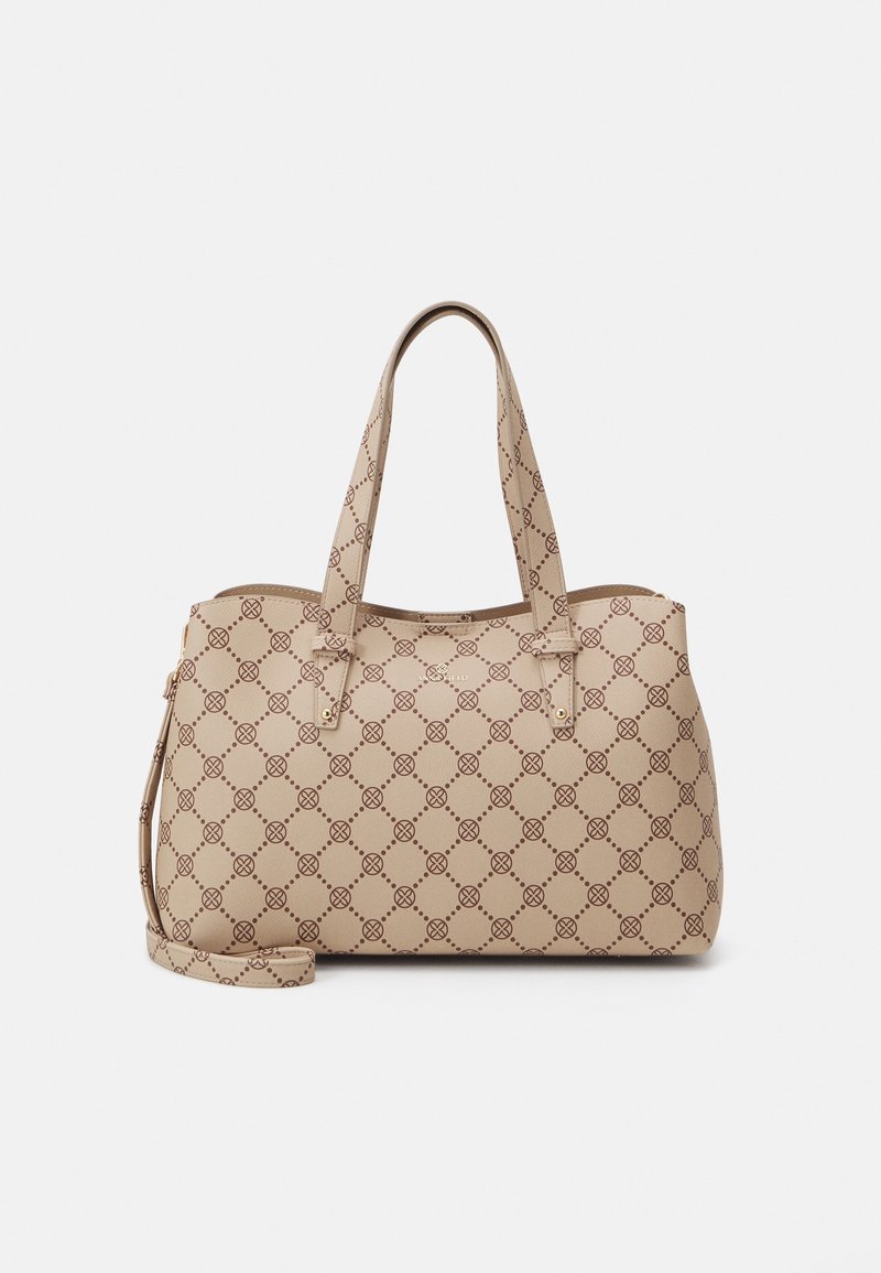 Sac fourre-tout beige avec motif de cercles bruns entrelacés, deux bretelles et une sangle longue supplémentaire sur fond blanc.