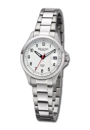 Montre en acier inoxydable avec un cadran rond blanc, des index horaires noirs, une aiguille des secondes rouge et un affichage de la date. Bracelet à maillons. Cristal saphir.