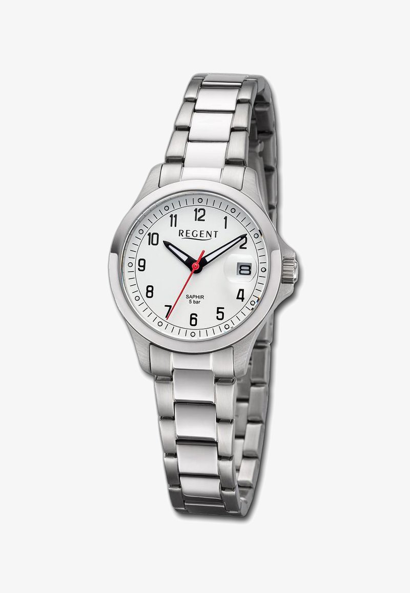 Montre en acier inoxydable avec un cadran rond blanc, des index horaires noirs, une aiguille des secondes rouge et un affichage de la date. Bracelet à maillons. Cristal saphir.