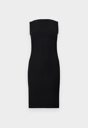 Μαύρο midi φόρεμα χωρίς μανίκια με εφαρμοστή σιλουέτα και ίσια λαιμόκοψη σε απλό φόντο.