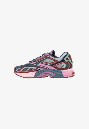 Scarpa da corsa da uomo in rosa, verde, marrone e blu con pannelli in mesh e pelle, suola spessa e imbottita e chiusura con lacci.