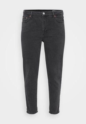 Black denim jeans with a straight cut, five-pocket design, button closure, and subtle stitching detail on the pockets.