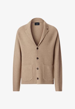 Beige gebreid vest met een gestructureerd oppervlak, sjaalkraag, drie bruine knopen en twee voorzakken. Klassiek ontwerp en een ontspannen pasvorm.