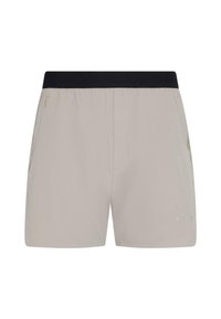 Light grey shorts with a black elastic waistband, featuring side pockets and a subtle logo detail near the hem. Soft fabric and relaxed fit.
