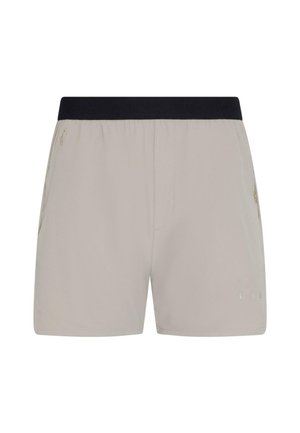 Svetlo sivi šortsi z črnim elastičnim pasom, z stranskimi žepi in subtilnim logotipom blizu roba. Mehka tkanina in sproščen kroj.