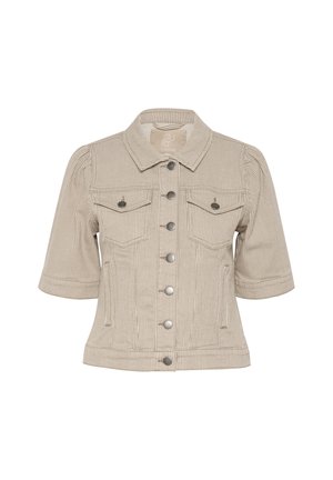 Csíkos bézs farmerdzseki rövid ujjakkal, gombos elülső rész, két mellzseb, és ezüstszínű fém kiegészítők.