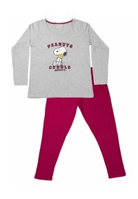 Maglia grigia a maniche lunghe con grafica di Snoopy e testo "Peanuts Cuddle Society", abbinata a leggings solidi color marrone scuro. Tessuto morbido, design casual.