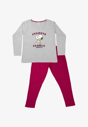 Grau langärmliges Oberteil mit Snoopy-Grafik und dem Text "Peanuts Cuddle Society", kombiniert mit einfarbigen bordeauxfarbenen Leggings. Weicher Stoff, lässiges Design.