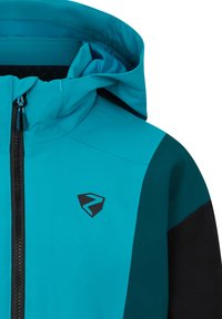 Teeal wasserfeste Jacke mit schwarzen Akzenten, Reißverschluss vorne, verstellbarer Kapuze und Logo auf der Brust. Glatte Textur und funktionale Designelemente.