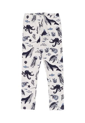 Children’s white leggings with navy blue marine animals pattern including whales, octopuses, jellyfish, turtles, fish, and coral.