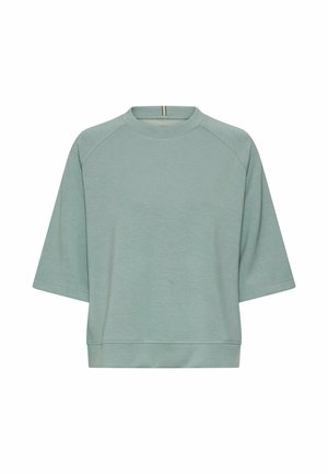 Lichtgroene loszittende sweatshirt met korte mouwen, ronde hals en geribbelde zoom, getoond op een witte achtergrond.