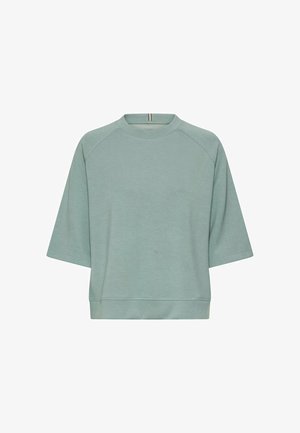 Light green loose-fit short-sleeve sweatshirt with crew neck and ribbed hem, shown on a white background.