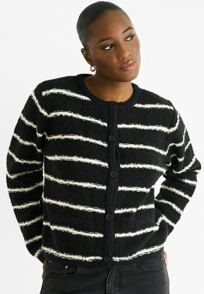 Black and white striped cardigan, fluffy texture, round neckline, five buttons down the front, two pockets, ribbed cuffs and hem.